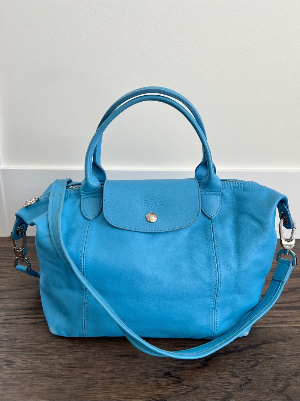 Longchamp Le Pliage Cuir Medium Leather Bag Cornflower Blue